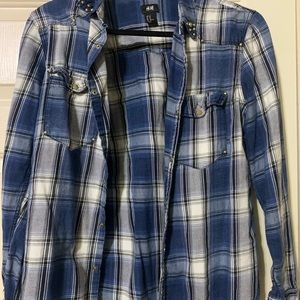 blue and black plaid cardigan